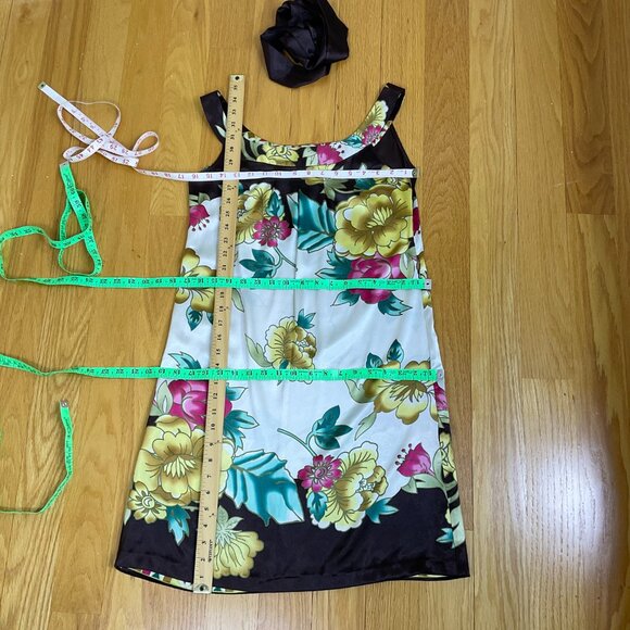 Geisha Dress Y2K Silk Floral Sleeveless Round Neck Brown Yellow Pink Aqua (S) - Picture 7 of 8